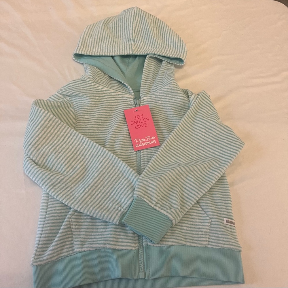 RuffleButts Girls Size 5 NWT Aqua Stripe Hooded Zip Jacket Full Zip Boutique